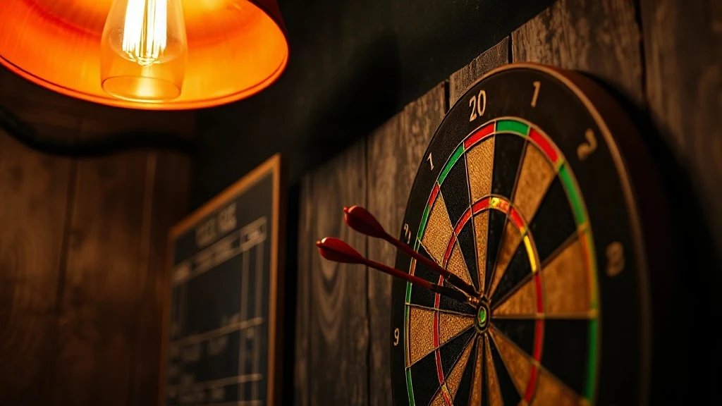 dartboard guide featuring a close-up of a bristle dartboard with darts in a cozy game room